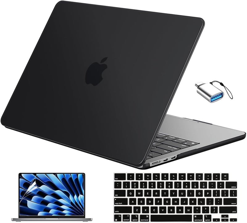 Eoocoo حافظة متوافقة مع ماك بوك إير 13 بوصة 2026 2025-2022 طراز M4 M3 M2 A3240 A3113 A2681، ماك إير 13.6 بوصة غلاف صلب غير لامع وغطاء لوحة مفاتيح وفيلم شاشة وType-C، أسود غير لامع - Image 1